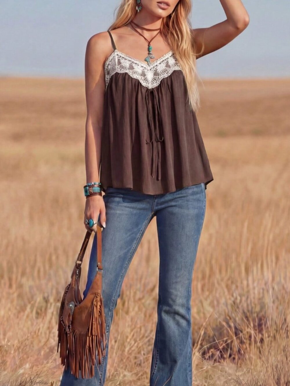 Multicolor Casual Boho Women's Lace Color Block Sleeveless Tank Top - Picture 3 of 9